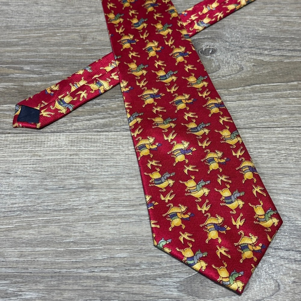 Stefani Equestrian Horse Handmade Luxury 100% Silk Neck Tie Red Fun Made n Italy